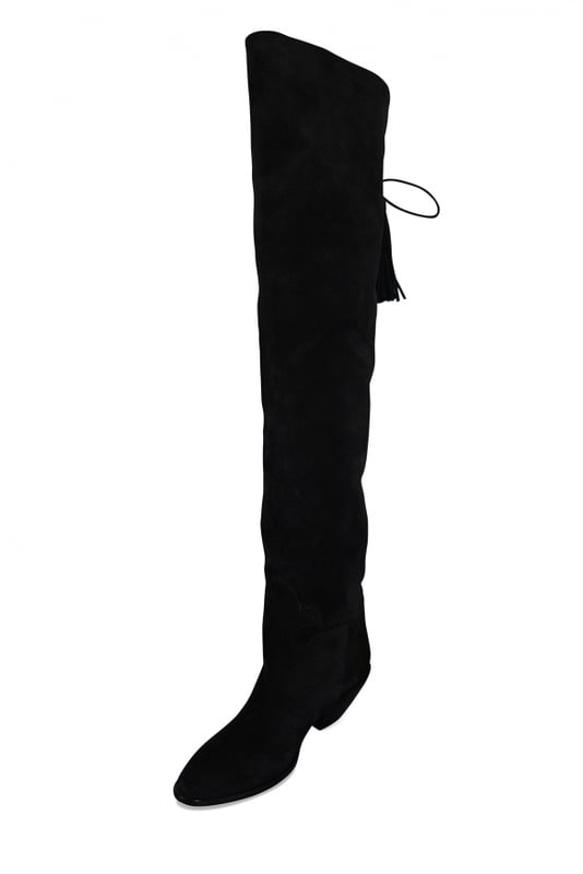 Botas West 45 Saint Laurent en ante negro.Cordones con flecos detrás de la rodilla.Estilo Santiag.Tacón de madera de 4,5 cm.Suela de cuero.Made in Italy.