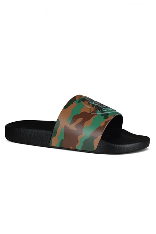Moncler Basile Tapdans Zwart Zwarte Monlerc-slippers, Basile-model met groen en kaki camouflagepatroon.Bandje met Moncler-logo in reliëf.Open ronde neus.Zwarte rubberen gekerfde zool. Gemaakt in Italië.