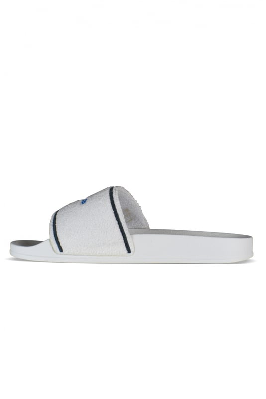 Witte Off-White slippers.In handdoekmateriaal.Blauw geprint logo op de tong.Twee zwarte strepen aan de voorkant. Witte rubberen zool.Gemaakt in Italië.