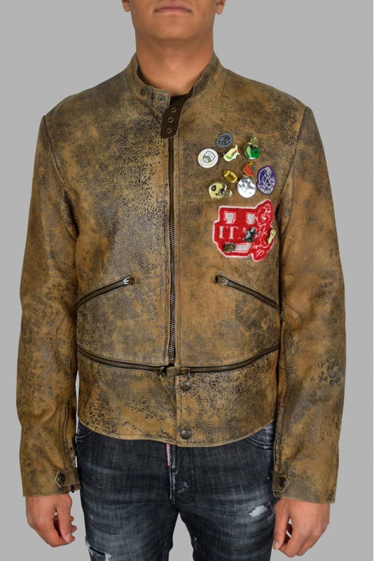 Golden Goose bruin oud leren jack.Zak met ritssluiting en decoratieve ritssluitingen aan de voorzijde.Ronde hals.100% leer.Made in Italy.