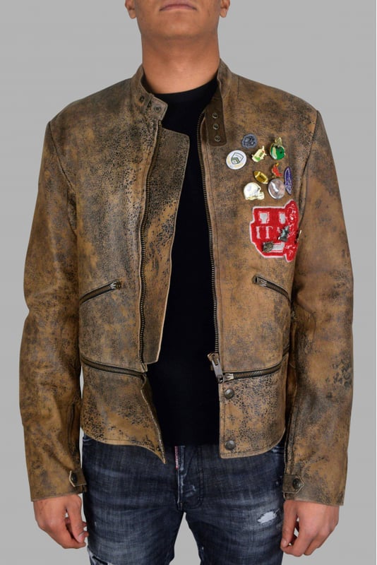 Golden Goose bruin oud leren jack.Zak met ritssluiting en decoratieve ritssluitingen aan de voorzijde.Ronde hals.100% leer.Made in Italy.