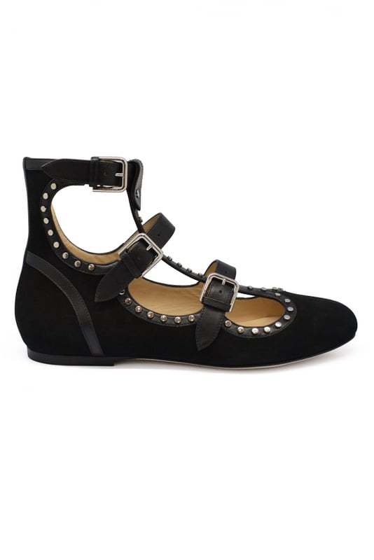 Hartley Jimmy Choo Ballerinas aus schwarzen Leder und Wildleder mit Metallnieten.Dreifache Schleife.Ledersohle.Made in Italy.