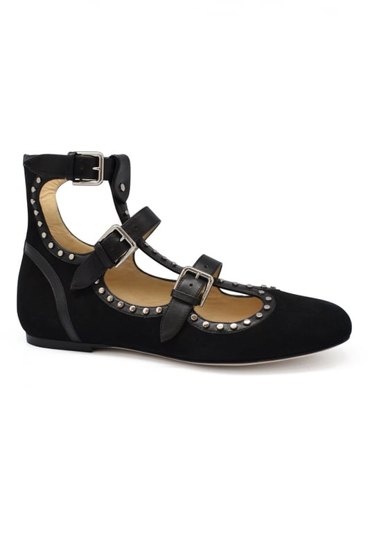 Hartley Jimmy Choo Ballerinas aus schwarzen Leder und Wildleder mit Metallnieten.Dreifache Schleife.Ledersohle.Made in Italy.