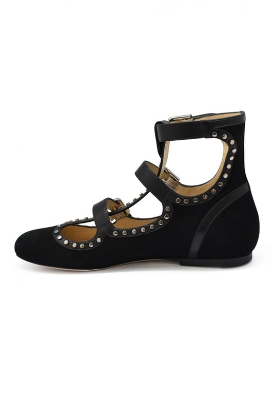 Hartley Jimmy Choo Ballerinas aus schwarzen Leder und Wildleder mit Metallnieten.Dreifache Schleife.Ledersohle.Made in Italy.