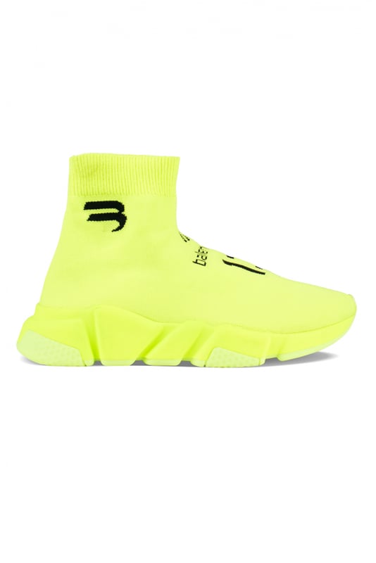 Zapatillas Balenciaga Speed Soccer, amarillas.Malla técnica 3D.Estampado negro en la parte delantera.Logotipo negro impreso en el exterior de la zapatilla.Logotipo en relieve en la parte trasera.Suela amarillo fluorescente.Made in Italy.