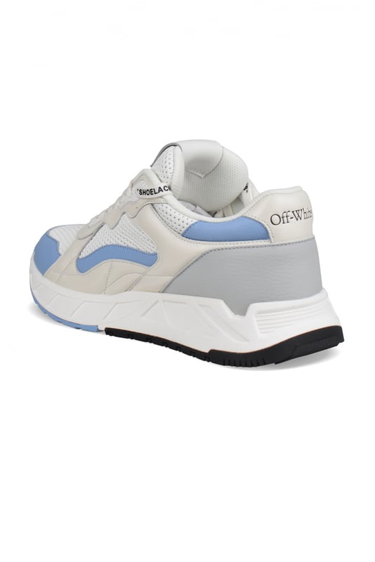 Sneakers Off-White  Kick Off  de piel blanca, gris y azul.Diseño de canesú.Logotipo negro en relieve.Cierre de cordones blancos.Pala perforada.Suela gruesa de goma blanca con logotipo negro.Etiqueta emblemática en una de las zapatillas.