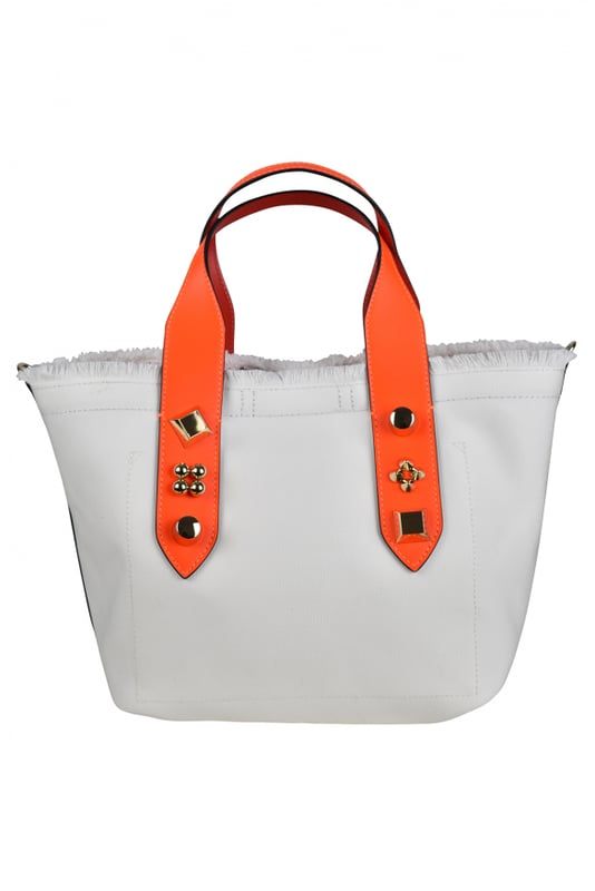 Bolso tote pequeño Christian Louboutin Frangibus en tejido blanco.Dos asas de cuero naranja decoradas con 3 tachuelas doradas.Borde superior resaltado por flecos.  Manchas de pintura roja y negra en la parte delantera. Escrito:  De Christian Louboutin con amor .Inserciones de cuero azul en los bordes.Pequeño bolsillo interior de piel.Bandolera desmontable bicolor rojo y rosa.Dimensiones: 22 cm x 27 cm x 14 cm.