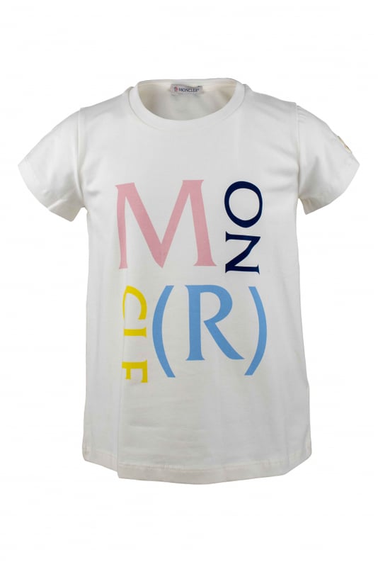 Camiseta blanca de algodón Moncler.Logotipo desestructurado en el centro en rosa, azul marino, amarillo y azul cielo.Manga corta.Made in Italy.