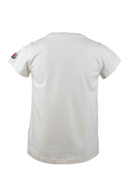 Camiseta blanca de algodón Moncler.Logotipo desestructurado en el centro en rosa, azul marino, amarillo y azul cielo.Manga corta.Made in Italy.