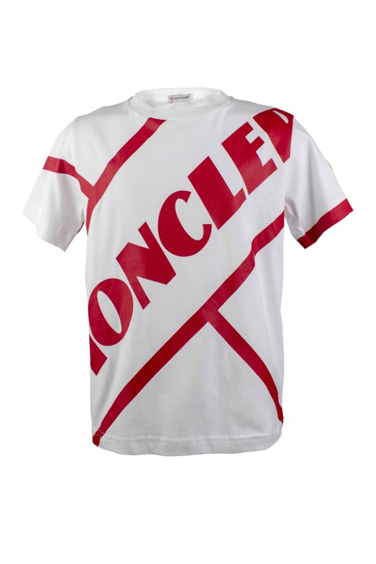 Camiseta blanca de algodón de Moncler.Logo diagonal en el centro y detalles rojos.Parche del logotipo en el hombro.Manga corta.Made in Italy.