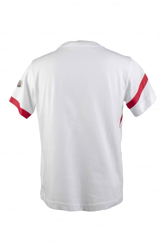 Camiseta blanca de algodón de Moncler.Logo diagonal en el centro y detalles rojos.Parche del logotipo en el hombro.Manga corta.Made in Italy.