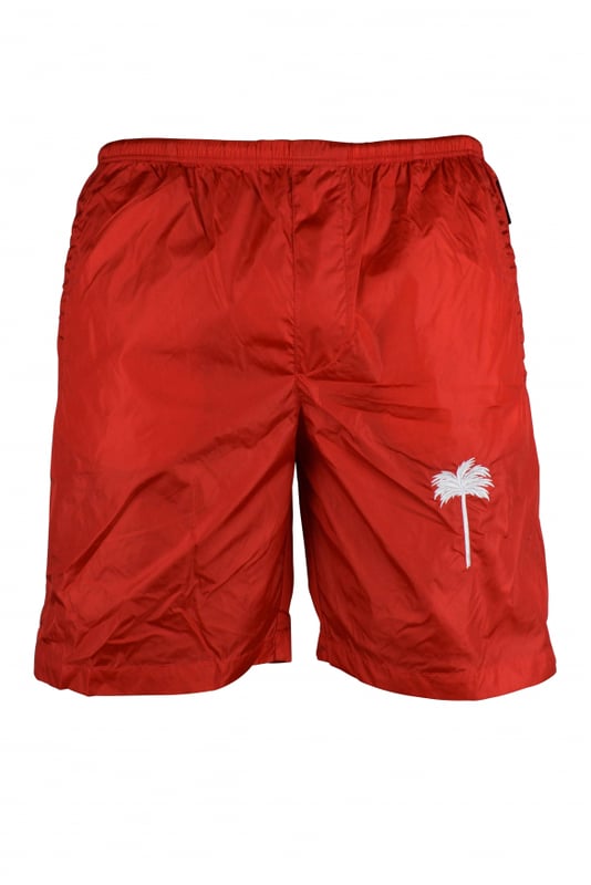 Rode Palm Angels-zwemshort van nylon.Wit geborduurde palmboom op de voorkant.Heeft 3 zakken.KlepzakkenTrekkoord in de taille.Zwart logolabel aan de zijkant.Volledig gevoerd.Gemaakt in Italië.