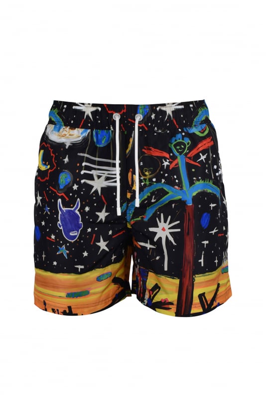 Bañador de poliéster negro de Palm Angels.Estampados gráficos multicolores  Starry Night  por todo el conjunto.Cintura elástica con cordones blancos.Bolsillos laterales.Bolsillo trasero.Made in Italy.