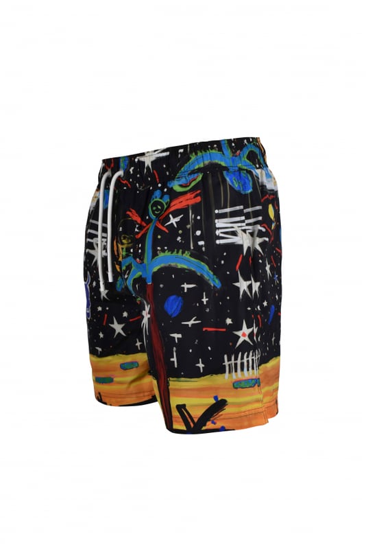 Bañador de poliéster negro de Palm Angels.Estampados gráficos multicolores  Starry Night  por todo el conjunto.Cintura elástica con cordones blancos.Bolsillos laterales.Bolsillo trasero.Made in Italy.