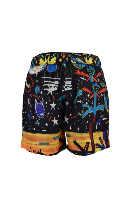 Bañador de poliéster negro de Palm Angels.Estampados gráficos multicolores  Starry Night  por todo el conjunto.Cintura elástica con cordones blancos.Bolsillos laterales.Bolsillo trasero.Made in Italy.