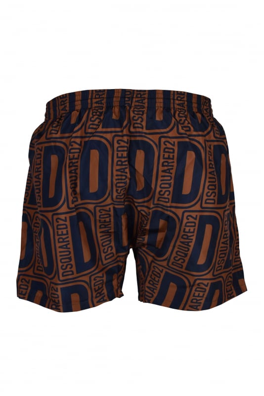 Shorts de baño marrones en nailon Dsquared2.Estampado monograma azul marino.Bolsillos con aberturas laterales.Cintura elástica.Cordón de ajuste azul.Forro de malla.Composición: 92% poliamida - 8% elastán.Made in Italy.