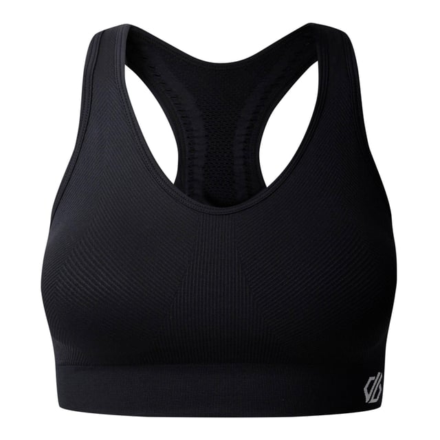 50% Recycled Polyamide, 45% Polyamide, 5% Elastane. Design: Logo, Plain. Fabric Technology: Breathable, Moisture Wicking, Odour Control, Q-Wic Plus, Quick Dry, SeamSmart Technology. Laser Cut, Medium Support, Removable Padded Cups, Seamless. Back Style: Racerback. Fit: Form-Fit. XS: 30 in. S: 32 in. M: 36 in. L: 38 in. XL: 40 in.