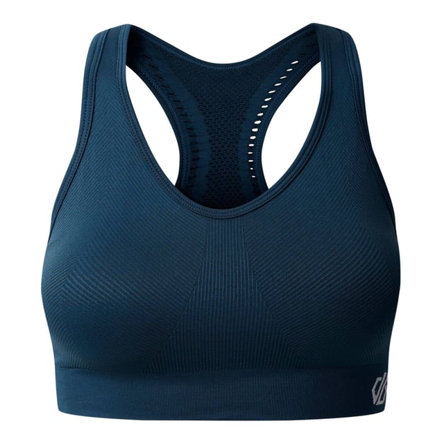 50% Recycled Polyamide, 45% Polyamide, 5% Elastane. Design: Logo, Plain. Fabric Technology: Breathable, Moisture Wicking, Odour Control, Q-Wic Plus, Quick Dry, SeamSmart Technology. Laser Cut, Medium Support, Removable Padded Cups, Seamless. Back Style: Racerback. Fit: Form-Fit. XS: 30 in. S: 32 in. M: 36 in. L: 38 in. XL: 40 in.