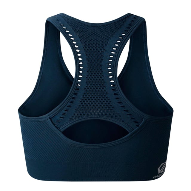 50% Recycled Polyamide, 45% Polyamide, 5% Elastane. Design: Logo, Plain. Fabric Technology: Breathable, Moisture Wicking, Odour Control, Q-Wic Plus, Quick Dry, SeamSmart Technology. Laser Cut, Medium Support, Removable Padded Cups, Seamless. Back Style: Racerback. Fit: Form-Fit. XS: 30 in. S: 32 in. M: 36 in. L: 38 in. XL: 40 in.