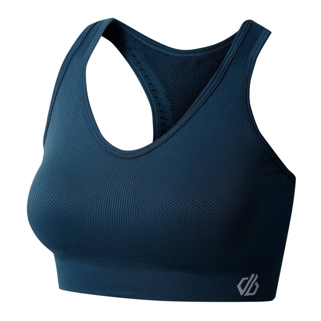 50% Recycled Polyamide, 45% Polyamide, 5% Elastane. Design: Logo, Plain. Fabric Technology: Breathable, Moisture Wicking, Odour Control, Q-Wic Plus, Quick Dry, SeamSmart Technology. Laser Cut, Medium Support, Removable Padded Cups, Seamless. Back Style: Racerback. Fit: Form-Fit. XS: 30 in. S: 32 in. M: 36 in. L: 38 in. XL: 40 in.