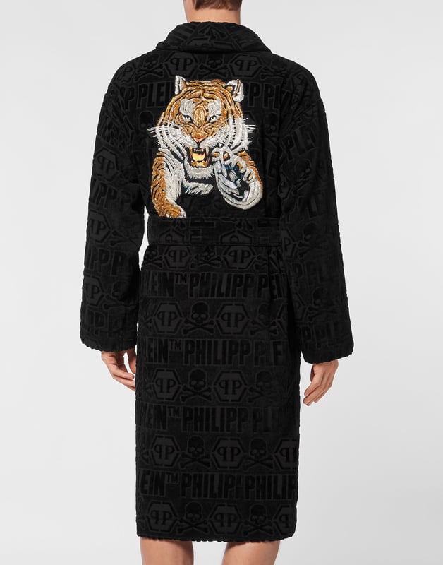 Bata de algodón PHILIPP PLEIN con estampado de tigre y detalles de cuentas.