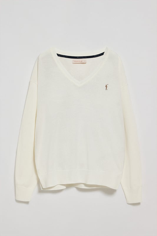 Eleganz ist Ihnen mit unserem gestrickten Baumwollpullover mit V-Kragen für Damen sicher. Seine reguläre Passform passt sich allen Körpertypen an. Rippbündchen an Kragen, Ärmeln und Taille sorgen für einen perfekten Sitz. Das dezente marineblaue Nahtband am Kragen mit eingraviertem Polo Club Logo unterstreichen die Eleganz dieses Pullovers. Charakteristische Stickerei unseres Rigby Go-Logos in Kontrastfarbe auf der Brust. Kombinieren Sie ihn mit einer Jeans für einen legeren Look oder einer Chinohose für ein eleganteres Outfit.