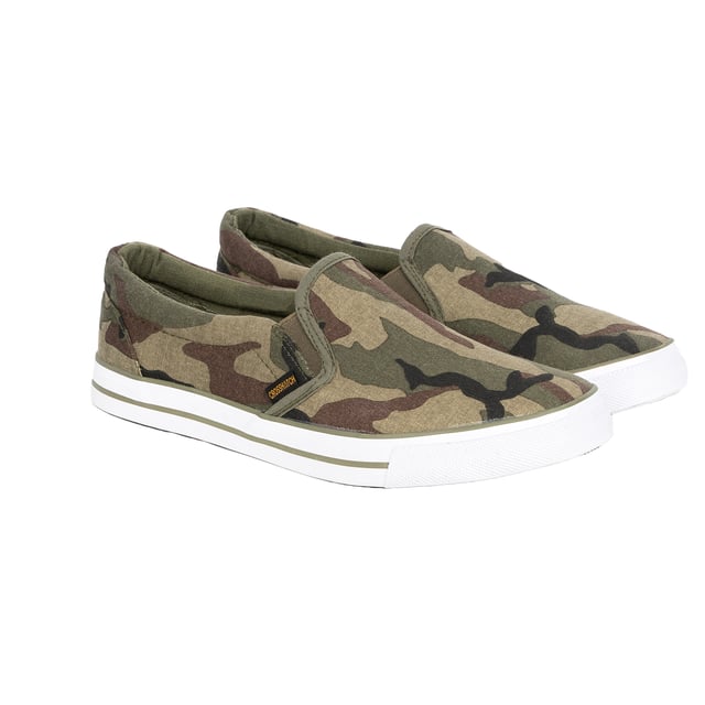 Upper: Cotton, Polyester. Padded Ankle, Twin Gusset. Flat. Cut: Low. Design: Camo, Rubber Badge. Toe Style: Round. Packaging: Boxed. Sole Features: Contrast. Fastening: Pull-On.