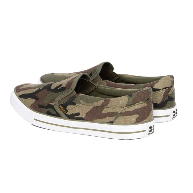 Upper: Cotton, Polyester. Padded Ankle, Twin Gusset. Flat. Cut: Low. Design: Camo, Rubber Badge. Toe Style: Round. Packaging: Boxed. Sole Features: Contrast. Fastening: Pull-On.