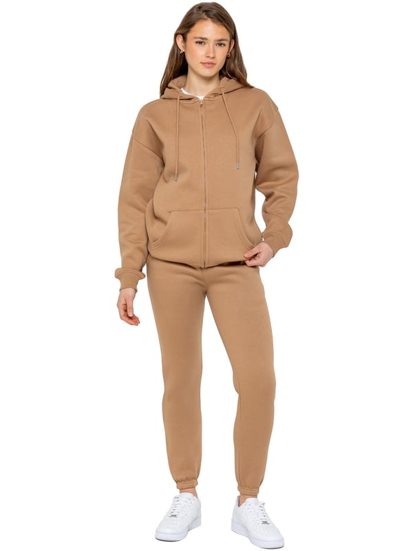 Conjunto de chándal con capucha extragrande para mujer Enzo. Conjunto de sudadera tipo jersey con capucha y pantalón de chándal. Sudadera con capucha extragrande y joggers de corte regular con diseño de puños y forro polar interior cepillado en la parte posterior. Ajuste relajado de gran tamaño para uso informal. Chándal esencial para estar en casa.