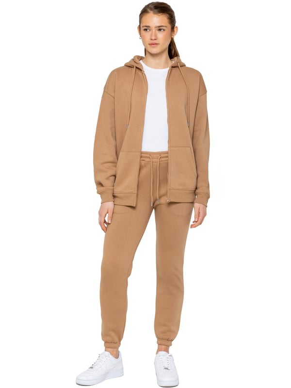 Conjunto de chándal con capucha extragrande para mujer Enzo. Conjunto de sudadera tipo jersey con capucha y pantalón de chándal. Sudadera con capucha extragrande y joggers de corte regular con diseño de puños y forro polar interior cepillado en la parte posterior. Ajuste relajado de gran tamaño para uso informal. Chándal esencial para estar en casa.