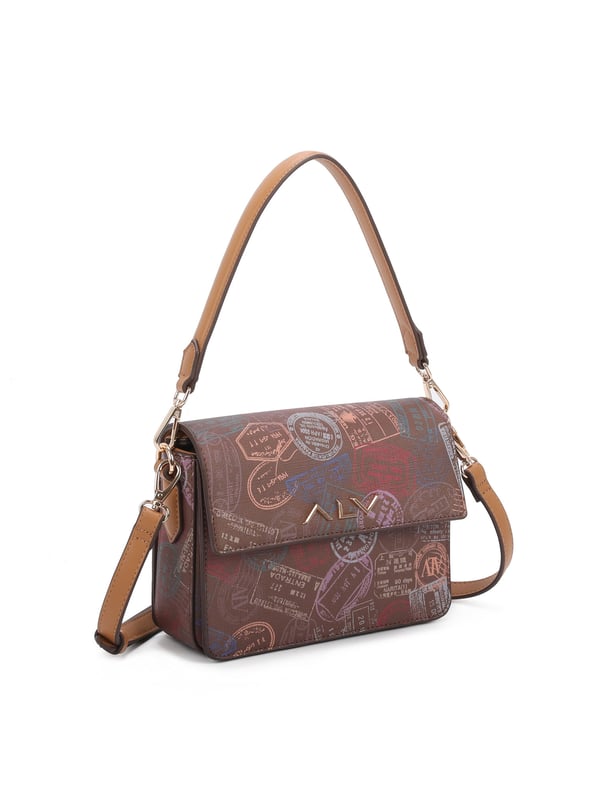 Dames schoudertas met drukknoopsluiting. twee rits- en twee open binnenzakken. afwezige externe zakken. verstelbaar in lederen schouderband. met leren handvat. een binnencompartiment.  extern materiaal. 100% polyester binnenkant. Afmetingen: 20x5x16 cm. Modeproduct