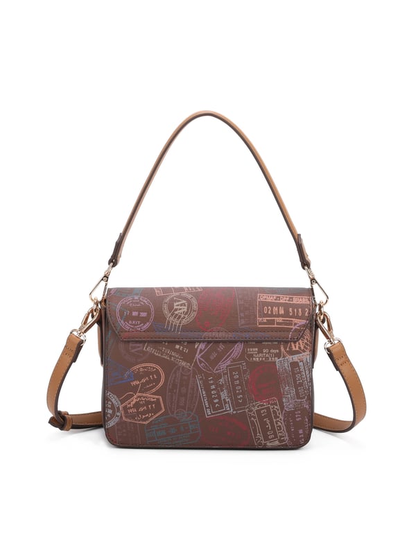 Dames schoudertas met drukknoopsluiting. twee rits- en twee open binnenzakken. afwezige externe zakken. verstelbaar in lederen schouderband. met leren handvat. een binnencompartiment.  extern materiaal. 100% polyester binnenkant. Afmetingen: 20x5x16 cm. Modeproduct