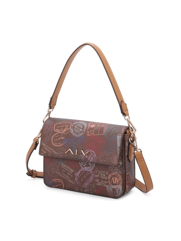 Dames schoudertas met drukknoopsluiting. twee rits- en twee open binnenzakken. afwezige externe zakken. verstelbaar in lederen schouderband. met leren handvat. een binnencompartiment.  extern materiaal. 100% polyester binnenkant. Afmetingen: 20x5x16 cm. Modeproduct