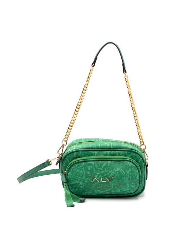 Bolso bandolera para mujer. El cierre es con cremallera. Los bolsillos internos son dos con cremallera y dos abiertos. Los bolsillos externos son uno frontal con cremallera. La bandolera es extraíble en cadena. Falta el mango. Hay un compartimento interno. El material externo es 100%PU. Internamente es 100% Poliéster. Medidas: 25x12x16 cm. Producto de moda