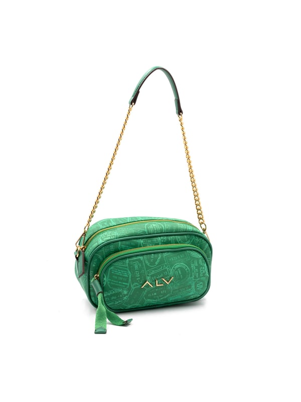 Bolso bandolera para mujer. El cierre es con cremallera. Los bolsillos internos son dos con cremallera y dos abiertos. Los bolsillos externos son uno frontal con cremallera. La bandolera es extraíble en cadena. Falta el mango. Hay un compartimento interno. El material externo es 100%PU. Internamente es 100% Poliéster. Medidas: 25x12x16 cm. Producto de moda