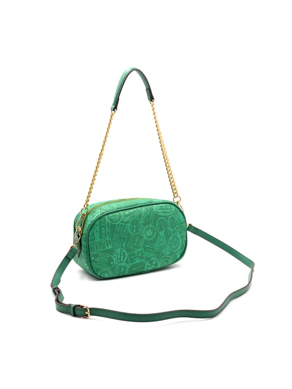 Bolso bandolera para mujer. El cierre es con cremallera. Los bolsillos internos son dos con cremallera y dos abiertos. Los bolsillos externos son uno frontal con cremallera. La bandolera es extraíble en cadena. Falta el mango. Hay un compartimento interno. El material externo es 100%PU. Internamente es 100% Poliéster. Medidas: 25x12x16 cm. Producto de moda