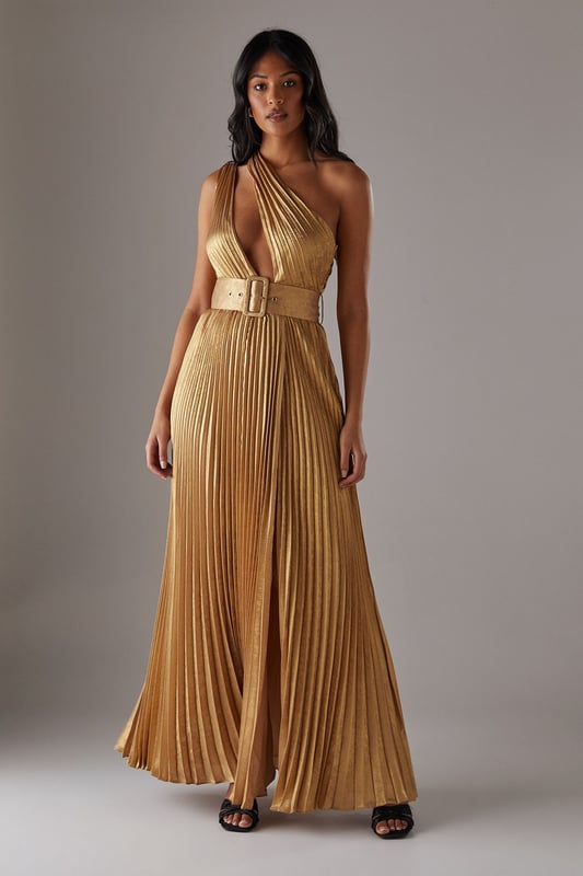 A-line Shoulder Straps Pleated Maxi Dresses with Belt Grape