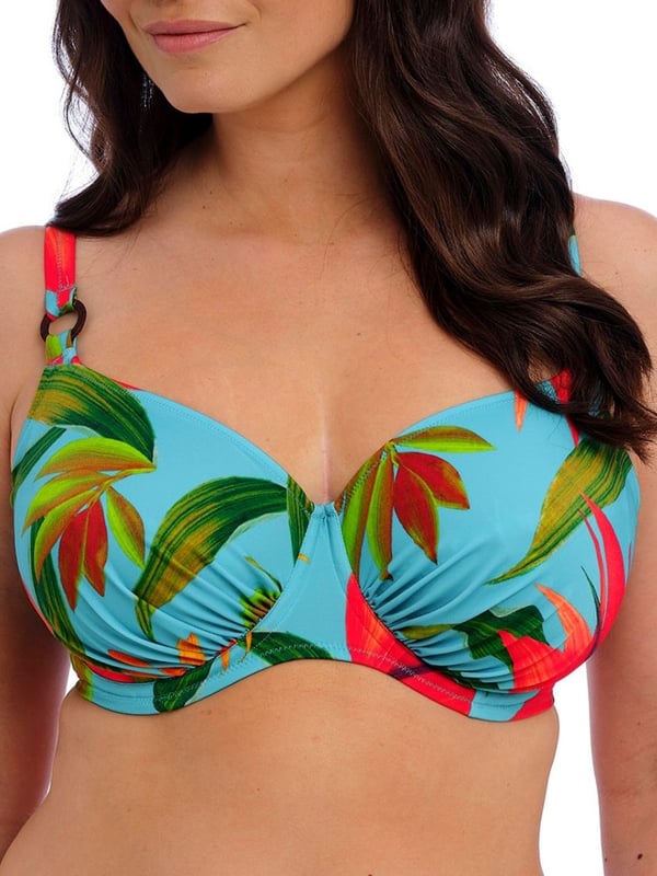 Fantasie Pichola Full Cup Bikini Top. Gathered detail with concealed side sling. Lined wings and fixed fully adjustable straps. Product is hand wash only.