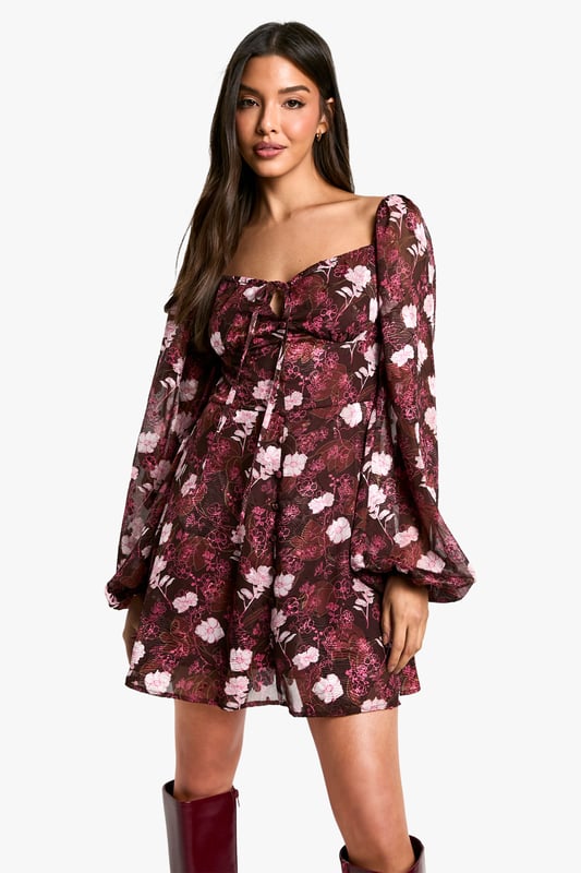 Floral Blouson Sleeve Skater Dress