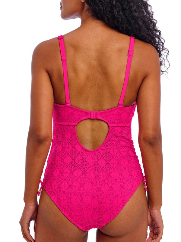 Freya Nomad Nights Underwired Swimsuit. With scoop neckline, crochet overlay, built in bra and adjustable leg ties. Convertible straps for multiway style. This product is recommended as hand wash only.