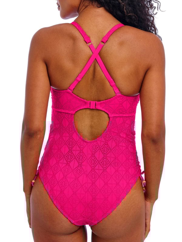 Freya Nomad Nights Underwired Swimsuit. With scoop neckline, crochet overlay, built in bra and adjustable leg ties. Convertible straps for multiway style. This product is recommended as hand wash only.