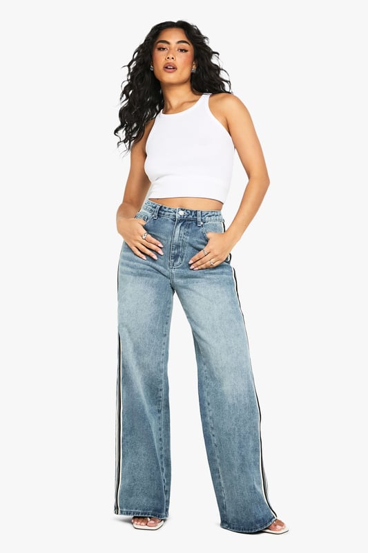 Side Stripe Detail Wide Leg Denim Jeans