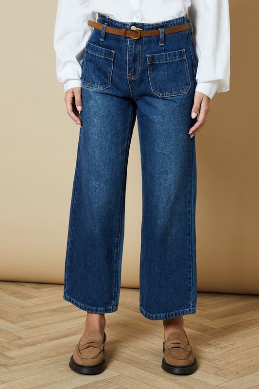 Cropped straight-leg design for a modern silhouette
        Belted waist detail adds a stylish touch
        Front patch pockets for a utilitarian-inspired look
        High-rise fit flatters the waistline
        Versatile wash suitable for various casual outfits
    
    These belted cropped straight jeans from Oasis offer a fresh take on classic denim. The high-rise fit and straight-leg cut create a flattering silhouette, while the cropped length adds a contemporary edge. Perfect for casual daywear, these jeans can be styled effortlessly for various occasions. Pair them with a crisp white shirt and sandals for a relaxed weekend look, or dress them up with a floral blouse and ankle boots for a family gathering. The front patch pockets and belted waist detail give these jeans a utilitarian-inspired charm, making them a versatile addition to your wardrobe. For a trendy double denim ensemble, team them with an oversized denim shirt as seen on the model. These jeans are ideal for those seeking a balance between comfort and style in their everyday attire.