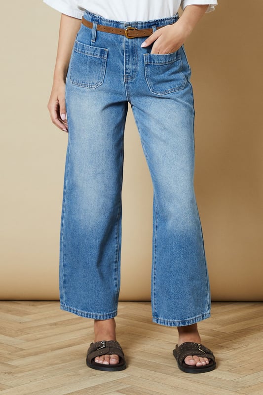 Cropped straight-leg design for a modern silhouette
        Belted waist detail adds a stylish touch
        Front patch pockets for a utilitarian-inspired look
        High-rise fit flatters the waistline
        Versatile wash suitable for various casual outfits
    
    These belted cropped straight jeans from Oasis offer a fresh take on classic denim. The high-rise fit and straight-leg cut create a flattering silhouette, while the cropped length adds a contemporary edge. Perfect for casual daywear, these jeans can be styled effortlessly for various occasions. Pair them with a crisp white shirt and sandals for a relaxed weekend look, or dress them up with a floral blouse and ankle boots for a family gathering. The front patch pockets and belted waist detail give these jeans a utilitarian-inspired charm, making them a versatile addition to your wardrobe. For a trendy double denim ensemble, team them with an oversized denim shirt as seen on the model. These jeans are ideal for those seeking a balance between comfort and style in their everyday attire.