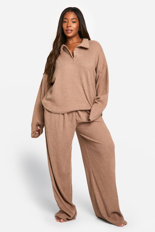 Plus Soft Rib Collared Top Trouser Lounge Set