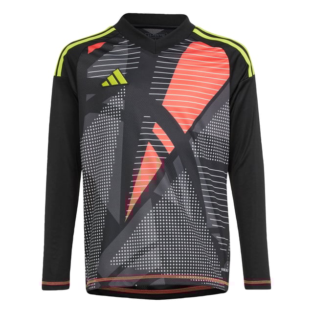 Never give an inch in goal. This juniors' adidas goalkeeper jersey is built with moisture-wicking AEROREADY for no-distraction play. An eye-catching all-over design ensures you stand out on the football pitch. A 3 Bar Logo on the chest and 3-Stripes on the shoulders show you've come to win.This product is made with 100% recycled materials. By reusing materials that have already been created, adidas help to reduce waste and our reliance on finite resources and reduce the footprint of the products adidas make.  - Regular fit - Ribbed V-neck - 100% polyester (recycled) - AEROREADY  Shipped by adidas
