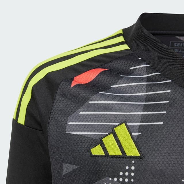 Never give an inch in goal. This juniors' adidas goalkeeper jersey is built with moisture-wicking AEROREADY for no-distraction play. An eye-catching all-over design ensures you stand out on the football pitch. A 3 Bar Logo on the chest and 3-Stripes on the shoulders show you've come to win.This product is made with 100% recycled materials. By reusing materials that have already been created, adidas help to reduce waste and our reliance on finite resources and reduce the footprint of the products adidas make.  - Regular fit - Ribbed V-neck - 100% polyester (recycled) - AEROREADY  Shipped by adidas