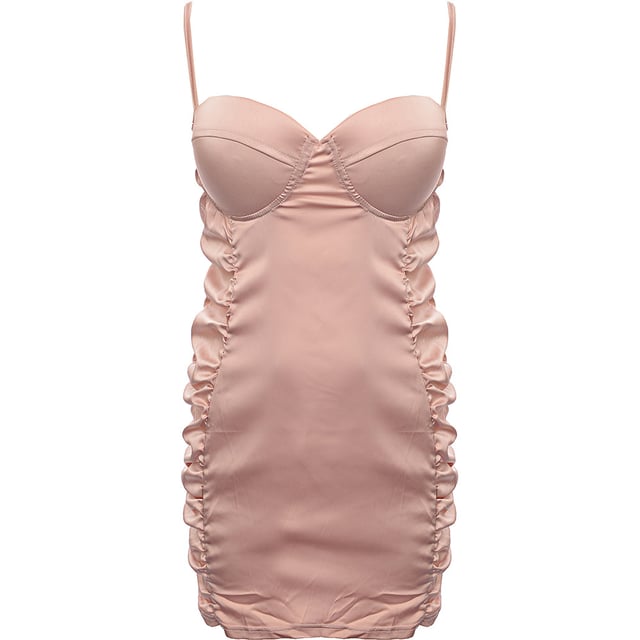 Main: 92% Polyester, Main: 8% Elastane Turn heads with the Parisian Petite Ruched Satin Bodycon Dress in an elegant beige shade. Made from a blend of 92% polyester and 8% elastane, this dress offers a luxurious satin finish and a comfortable, stretchy fit. The ruched detailing adds a touch of sophistication and enhances your silhouette, making it perfect for special occasions or a night out. The bodycon design hugs your curves, providing a flattering and chic look. Elevate your wardrobe with this stunning and versatile piece.
