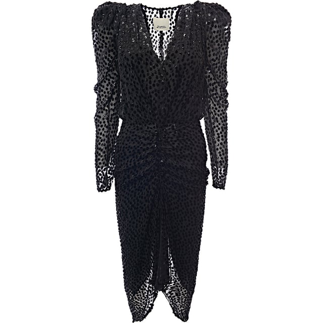 78% silk, 22% viscose This 'Maray' dress has dramatic puffed shoulders contrasted by a deep V-neckline and fitted bodice. It's made from feather-light silk-blend chiffon flocked with velvet tufts and falls to an asymmetric hem