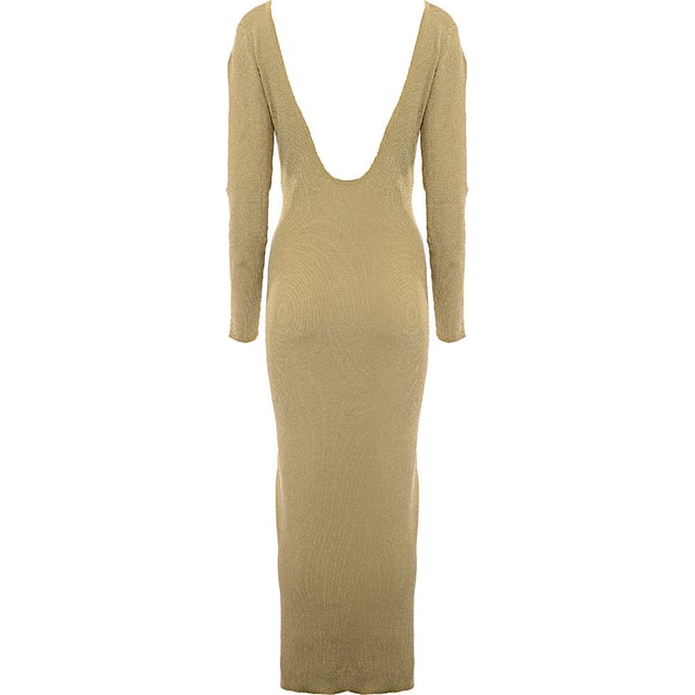 Composition: 58% Viscose, 25% Polyester, 15% Polyamide, 2% Elastane. The Nina Ricci Open-Back Lurex Ribbed Dress with Heart Neckline is a stunning and elegant piece. This dress features a heart-shaped neckline and an open back, adding a touch of sophistication and allure. The lurex ribbed fabric gives it a subtle shimmer, making it perfect for special occasions